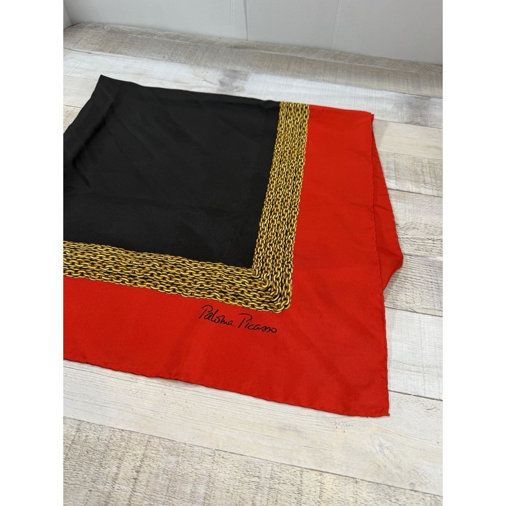 Vintage Paloma Picasso Silk Scarf Red Black Gold Chain Print Square Designer